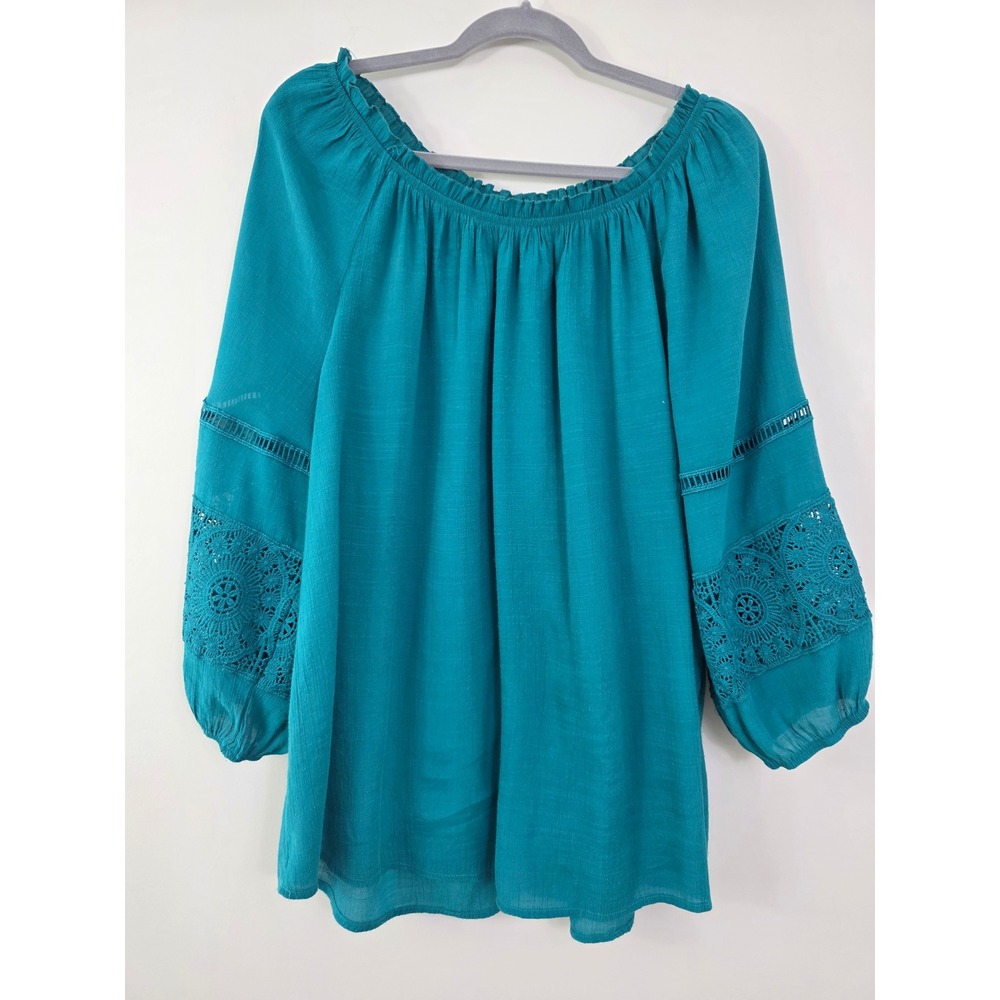Cato Women's Teal Boho Style Blouse Size 22/24W Peasant Neckline Crochet Details